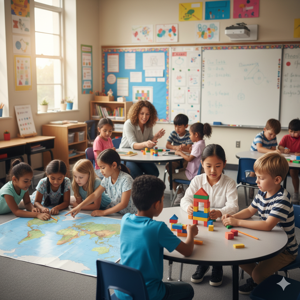 students working in small groups in a classroom